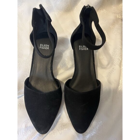 Eileen Fisher Just Suede Ankle-Strap Pump Black Shoes Size 7 Low Heel MSRP $210 - Picture 1 of 11